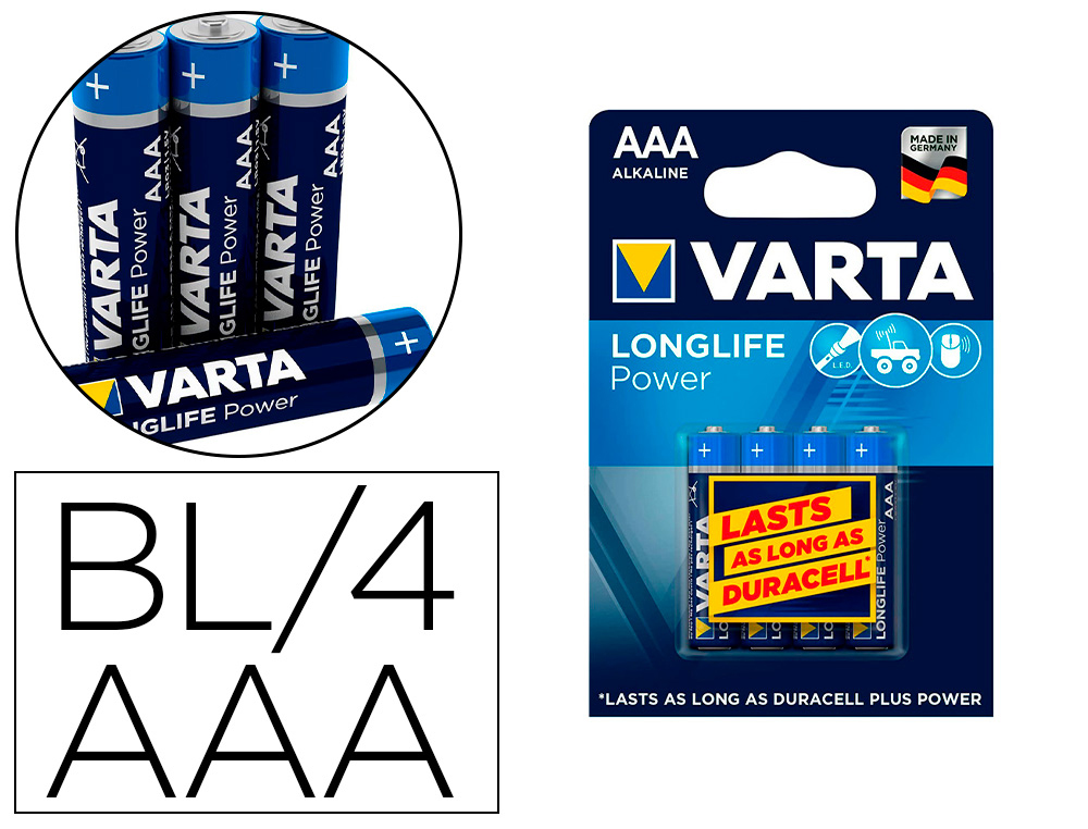 PILA VARTA ALCALINA LONGLIFE POWER AAA TIPO LR-03 BLISTER DE 4 UNIDADES