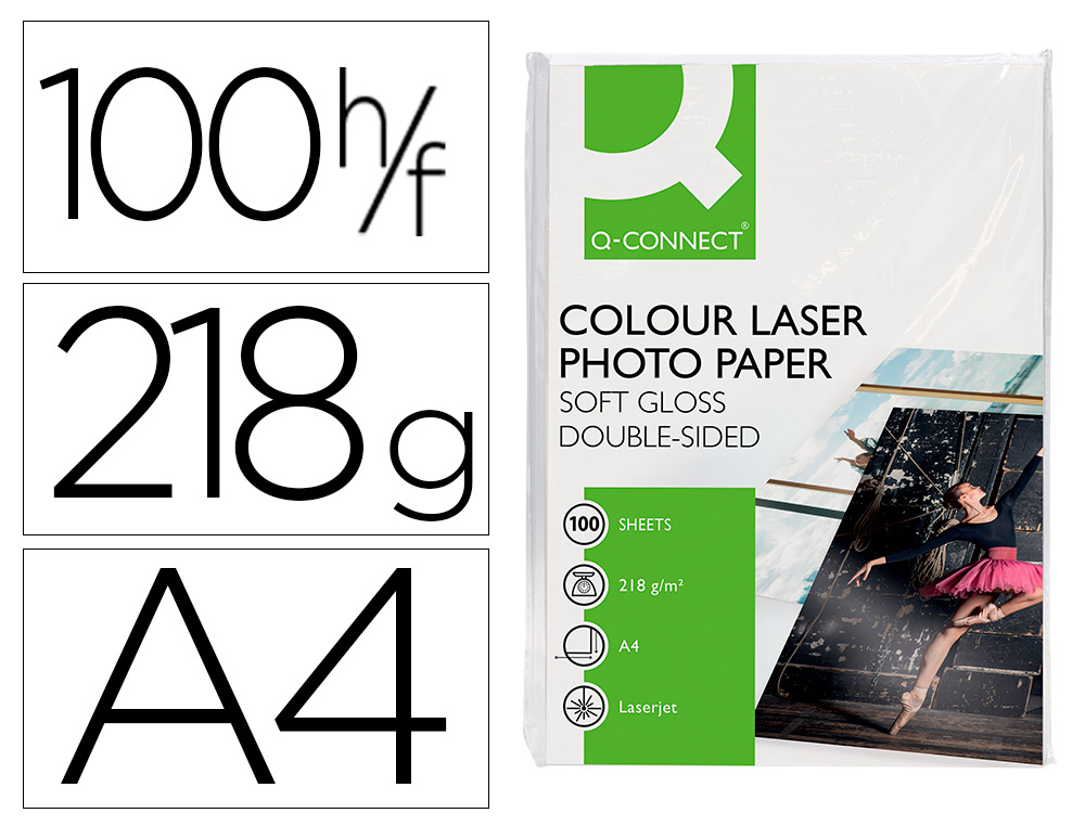 PAPEL Q-CONNECT FOTO GLOSSY DIN A4 PARA FOTOCOPIADORAS E IMPRESORAS LASER PAQUETE DE 100 HOJAS DE 218 GR