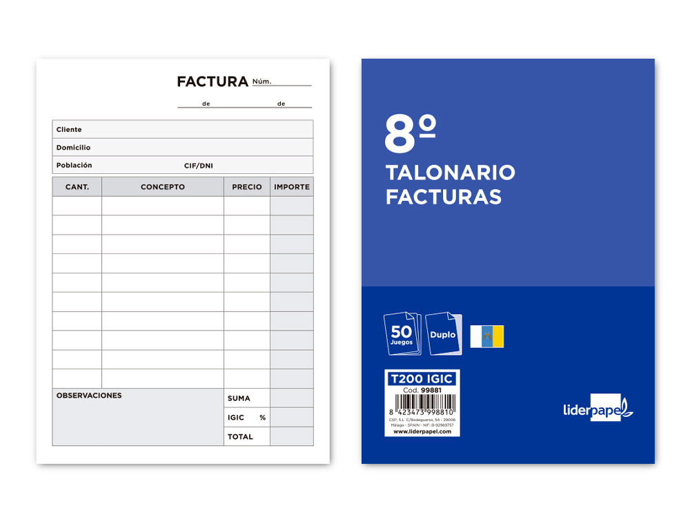 TALONARIO LIDERPAPEL FACTURAS 8 ORIGINAL Y COPIA T200 CON I.G.I.C