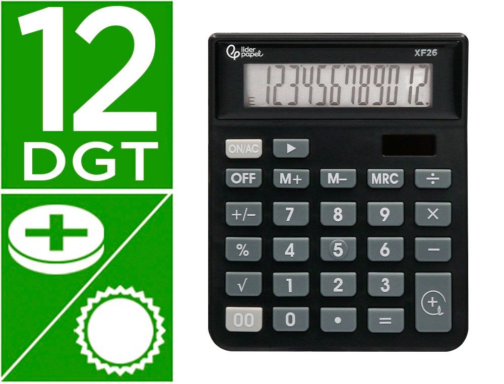 CALCULADORA LIDERPAPEL SOBREMESA XF26 12 DIGITOS SOLAR Y PILAS COLOR NEGRO 127X105X24 MM