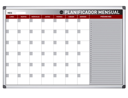 PLANNING MAGNETICO BI-OFFICE MENSUAL LACADO MARCO ALUMINIO ROTULABLE 60X45 CM