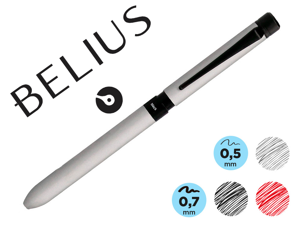 BOLIGRAFO BELIUS ZURICH 3 EN 1 CUERPO PLATEADO TINTA NEGRA Y ROJA PORTAMINAS 0,5 MM EN ESTUCHE