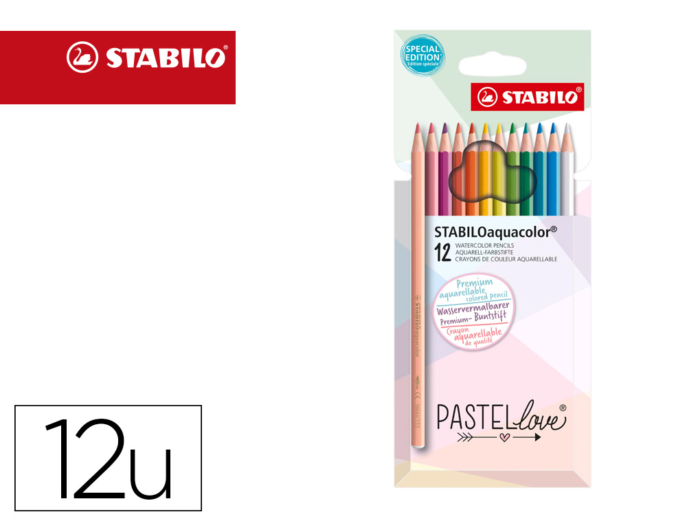 LAPICES DE COLORES STABILO AQUACOLOR ACUARELABLES PASTEL LOVE ESTUCHE CARTON DE 12 COLORES SURTIDOS