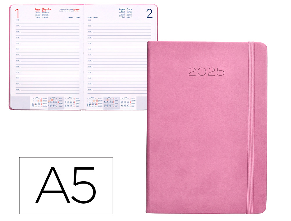 AGENDA ENCUADERNADA LIDERPAPEL MYKONOS A5 2025 DIA PAGINA COLOR ROSA PAPEL 70 GR