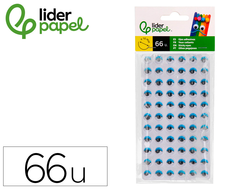 OJO ADHESIVO LIDERPAPEL 10 MM CON PUPILA NEGRA Y PESTAA DE COLOR AZUL BOLSA DE 66 UNIDADES