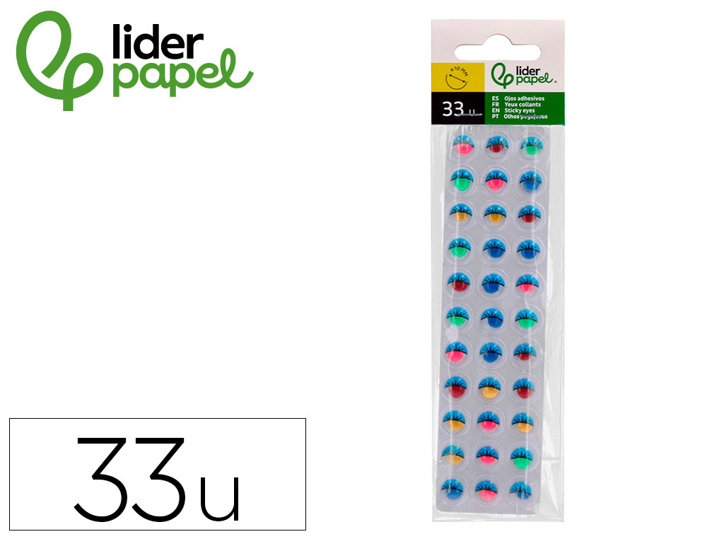 OJO ADHESIVO LIDERPAPEL 10 MM CON PUPILA DE COLOR Y PESTAA DE COLOR BOLSA DE 33 UNIDADES