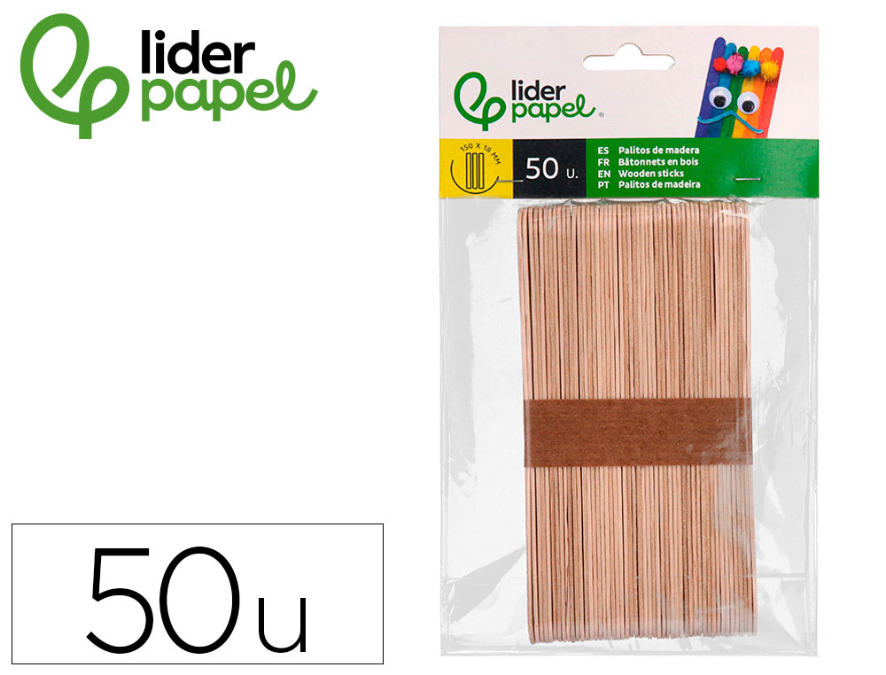 PALITOS DE MADERA LIDERPAPEL COLORES SURTIDOS 15 X 1,8 CM BOLSA CON 50 UNIDADES