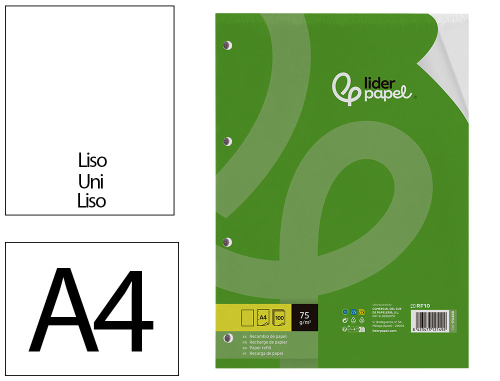 RECAMBIO LIDERPAPEL A4 100 HOJAS 75GR LISO SIN MARGEN 4 TALADROS