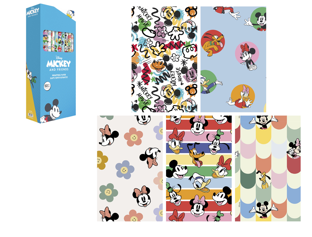 PAPEL DE REGALO BASIKA DISNEY MICKEY AND FRIENDS ROLLO ANCHO 70 CM LONGITUD 2 MT DISEOS SURTIDOS GRAMAJE 60