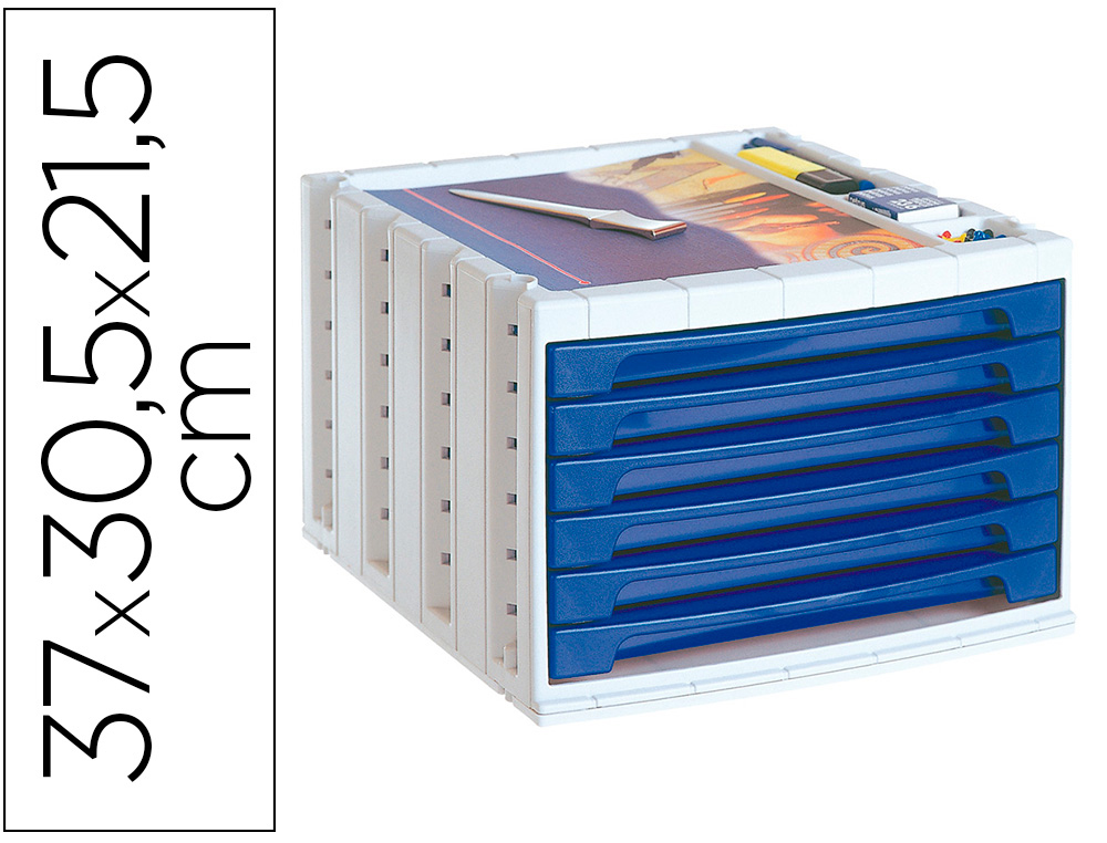 FICHERO CAJONES DE SOBREMESA ARCHIVO 2000 305X370X215 MM BANDEJA ORGANIZADORA SUPERIOR 6 CAJONES AZUL OPACO