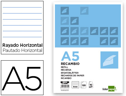 RECAMBIO LIDERPAPEL A5 120 HOJAS 80G/M2 HORIZONTAL SIN MARGEN 6 TALADROS BANDAS DE 5 COLORES