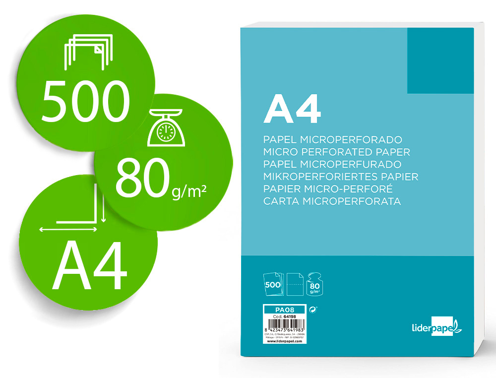 PAPEL LIDERPAPEL A4 80G/M2 LISO MICROPERFORADO EN DOS PARTES IGUALES PAQUETE DE 500 HOJAS